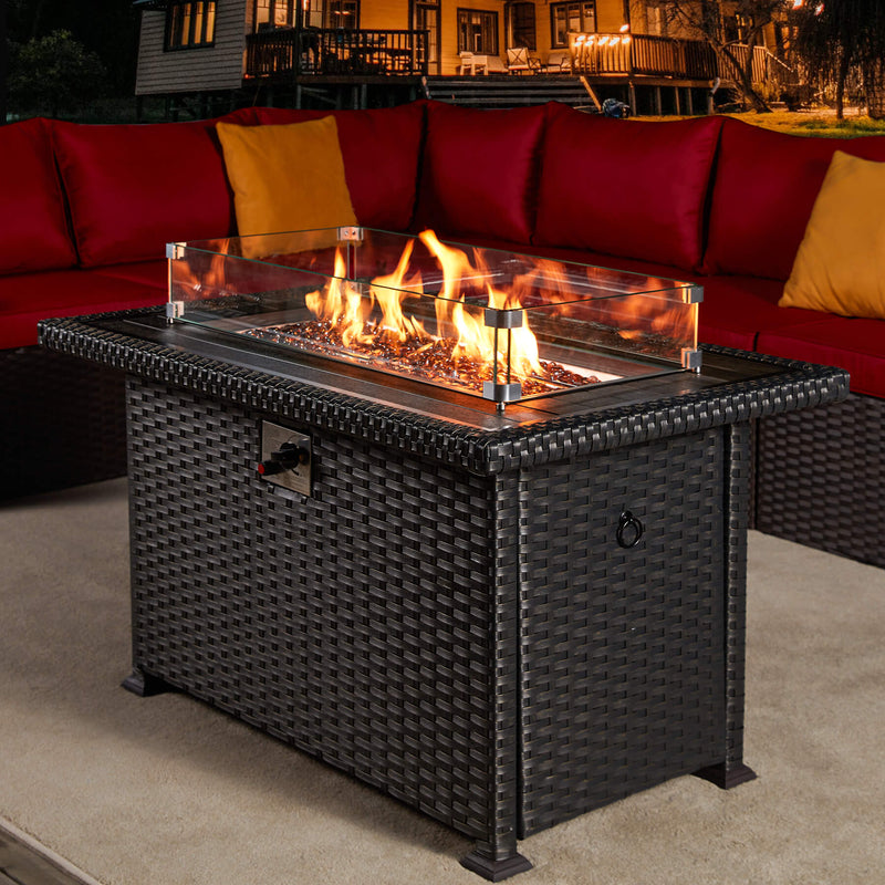 44" Propane Gas Fire Pit Table 50000 BTU Auto-Ignition with Windguard, Glass Stone, Black