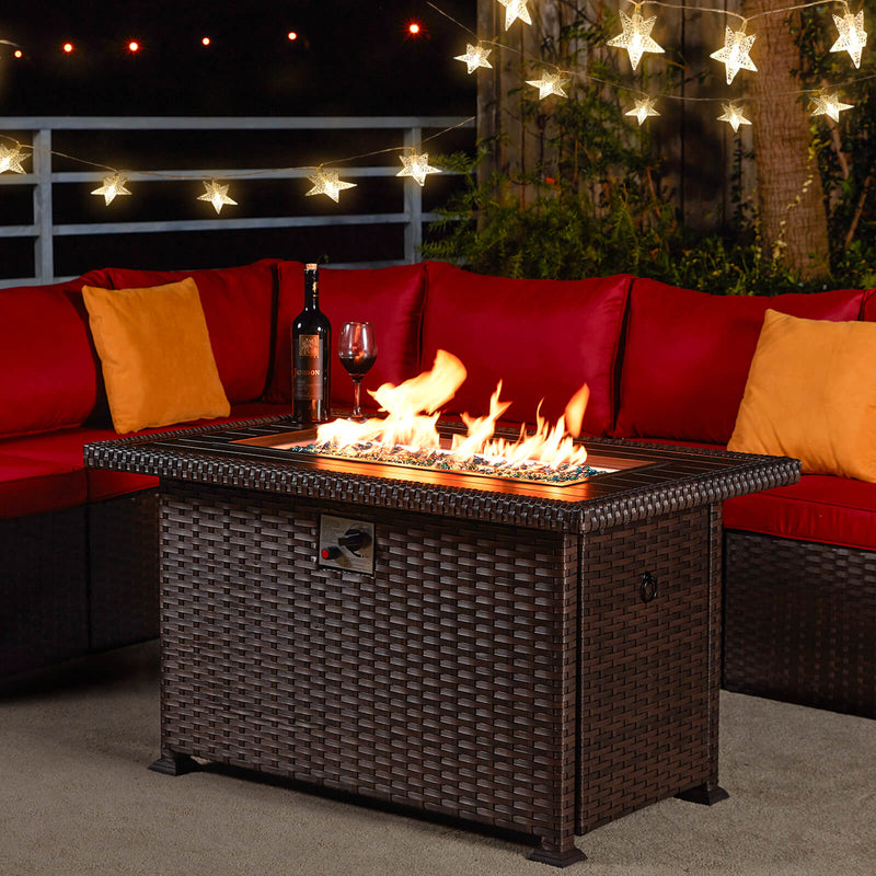 44" Outdoor Propane Gas Fire Pit Table 50000 BTU Auto-Ignition w/ Windguard, Aluminium Tabletop, Brown