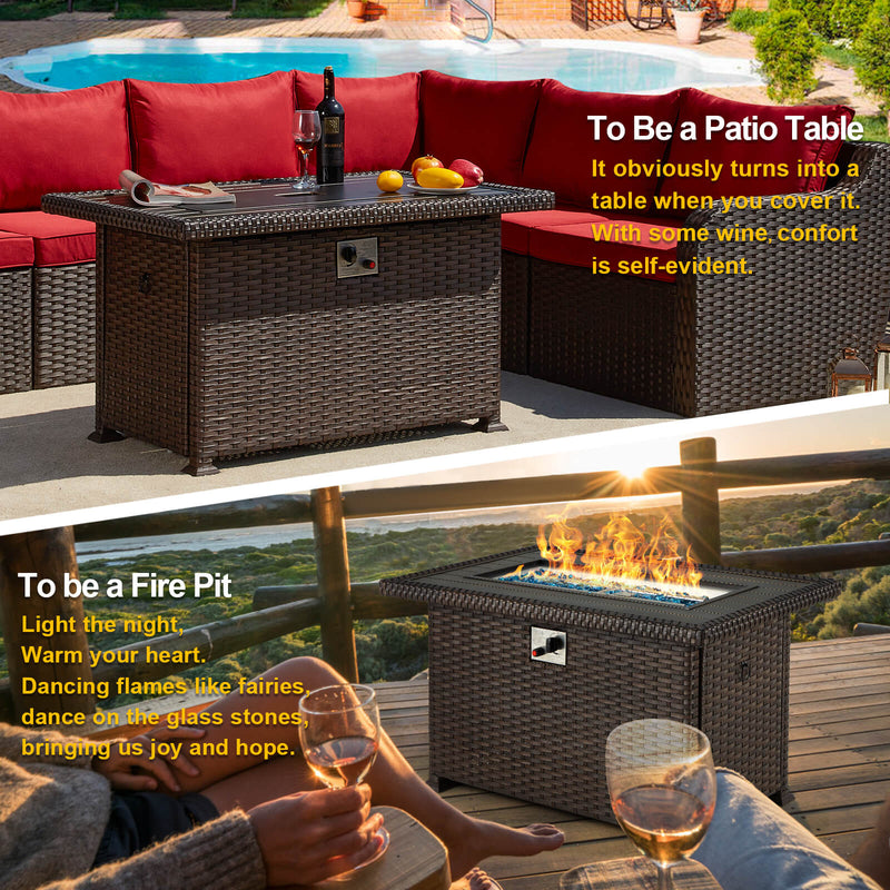 44" Outdoor Propane Gas Fire Pit Table 50000 BTU Auto-Ignition w/ Windguard, Aluminium Tabletop, Brown