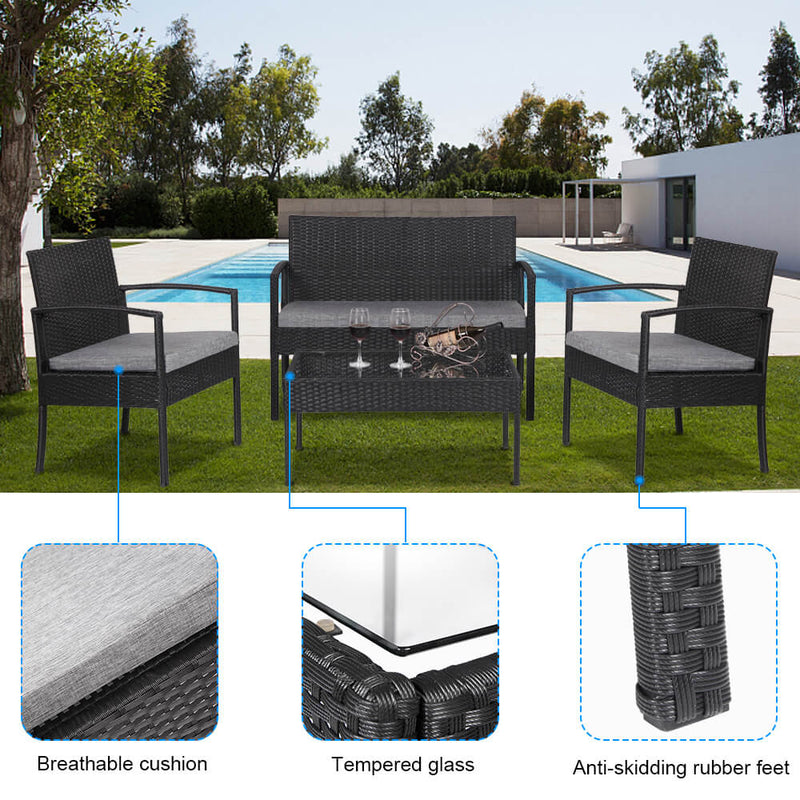 4 Pieces Outdoor Patio Rattan Wicker Furniture Set with Table Sofa Cushioned Black