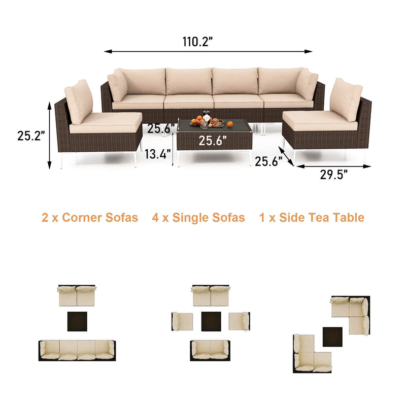 7 Pcs Outdoor Wicker Sectional Sofa All-Weather Furniture Set with Cushion/Tea Table