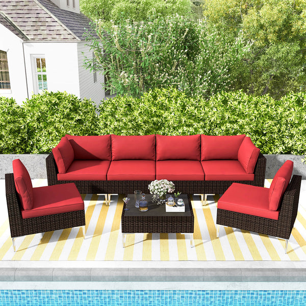 7 Pcs Outdoor Sectional Sofas All-Weather Patio Couch Set with Red Cushion/Tea Table
