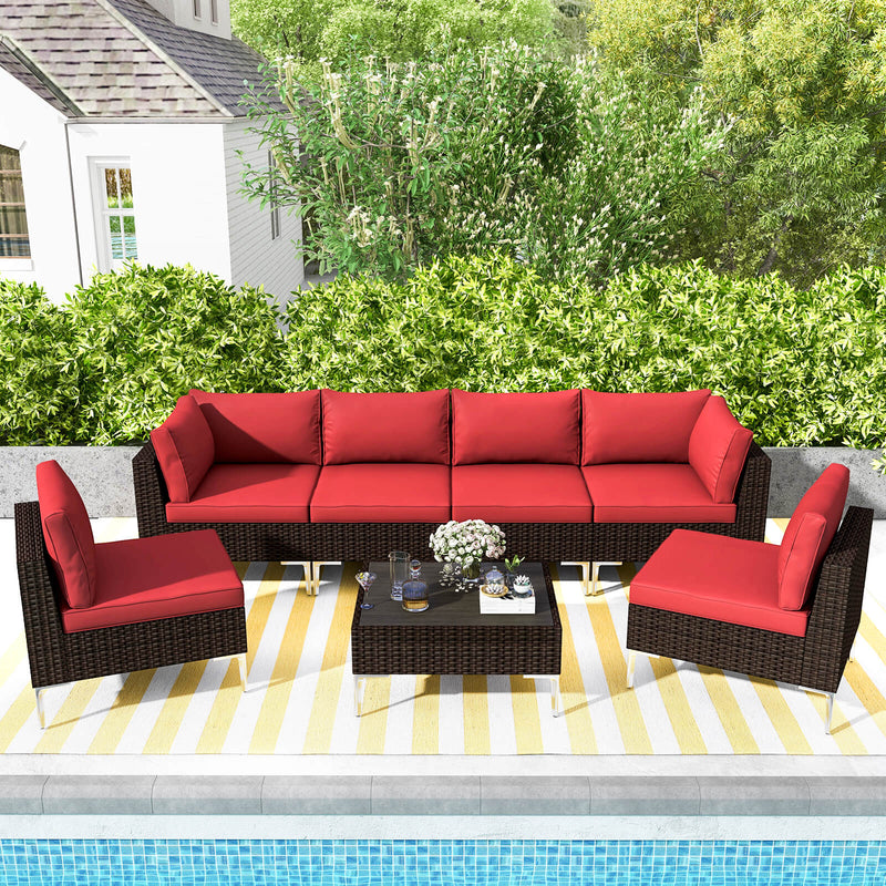 7 Pcs Outdoor Sectional Sofas All-Weather Patio Couch Set with Red Cushion/Tea Table