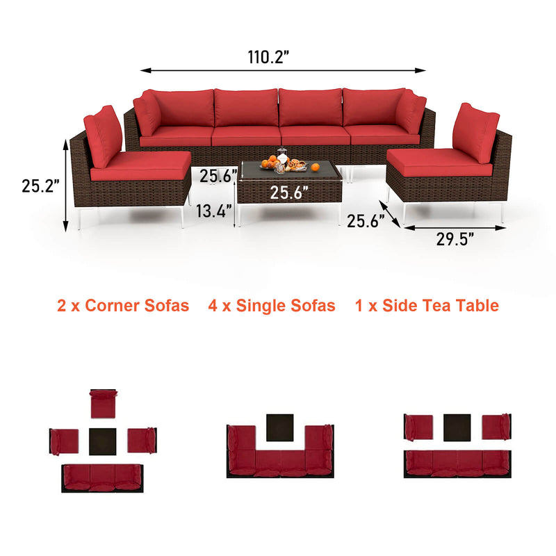 7 Pcs Outdoor Sectional Sofas All-Weather Patio Couch Set with Red Cushion/Tea Table