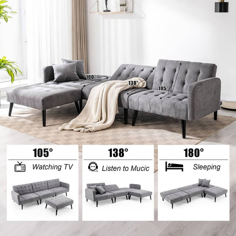 Modern Linen sectional Convertible Sofa Bed L-Shaped Reversible Sleeper Dark Grey