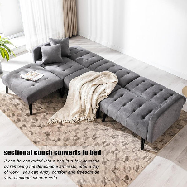 Modern Linen sectional Convertible Sofa Bed L-Shaped Reversible Sleeper Dark Grey