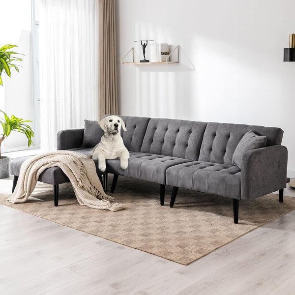 Modern Linen sectional Convertible Sofa Bed L-Shaped Reversible Sleeper Dark Grey