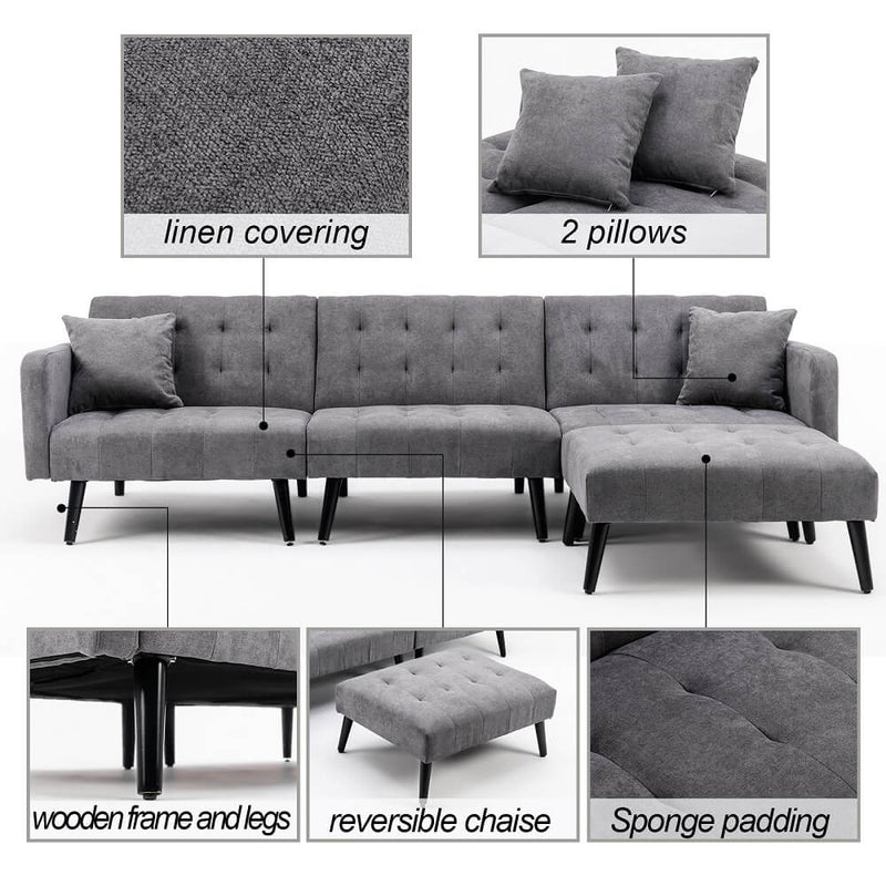 Modern Linen sectional Convertible Sofa Bed L-Shaped Reversible Sleeper Dark Grey