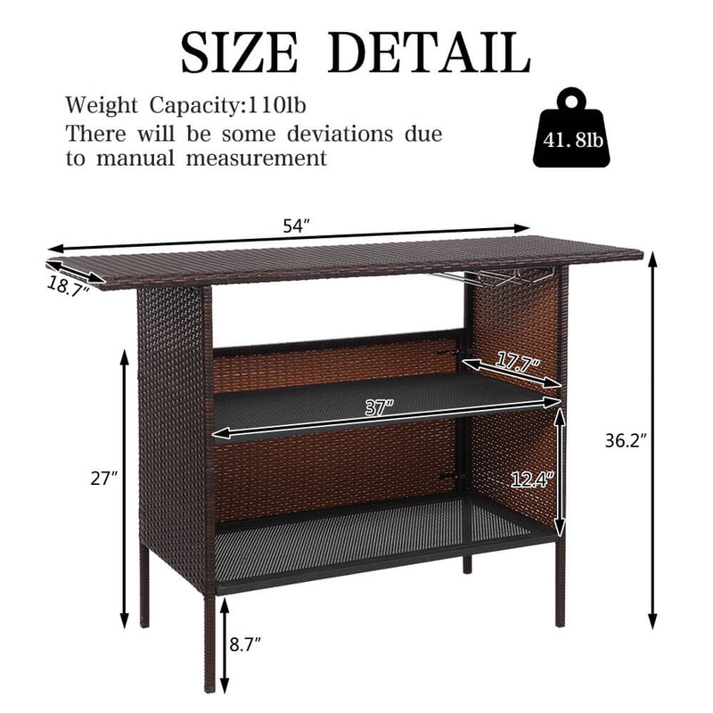Long Rattan Bar Table Top Iron Mesh Compartment