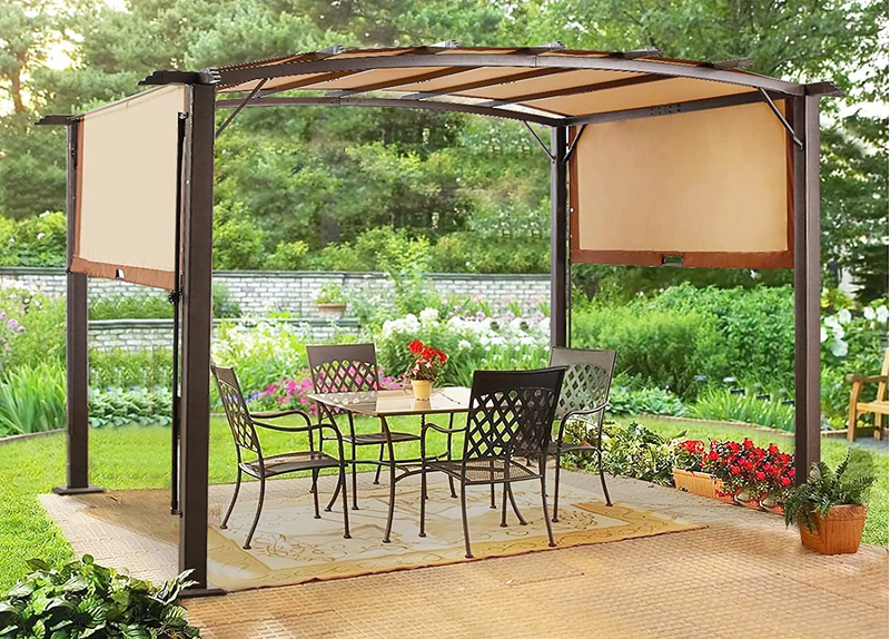 12’ X 9’ Outdoor Retractable Steel Pergola Canopy with Adjustable Shade-Beige
