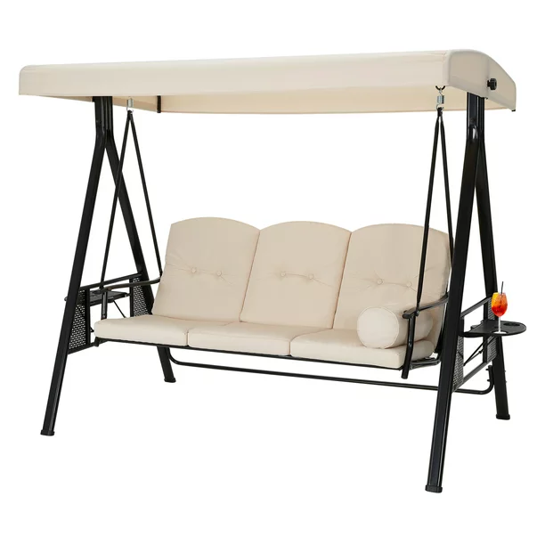 3 Persons Outdoor Patio Canopy Steel Porch Swing Chair-Beige