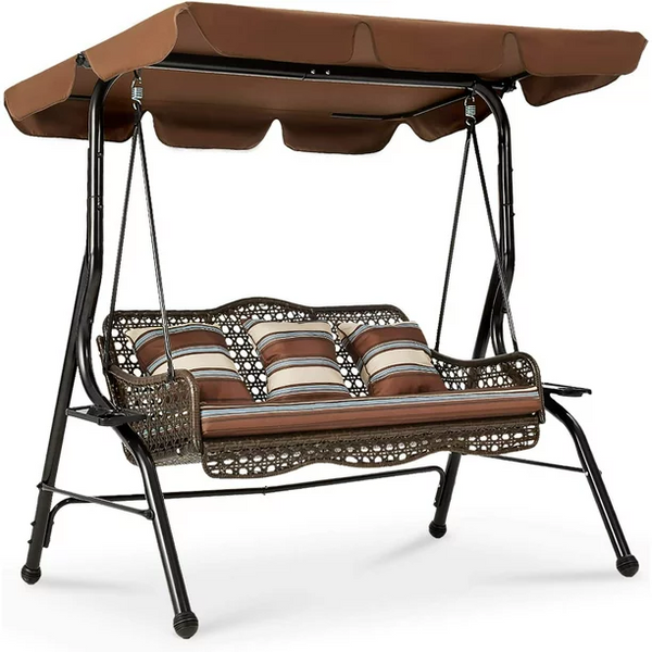 AECOJOY 3 Persons Outdoor Patio Swing Chair with Cushions and Pillows-Brown