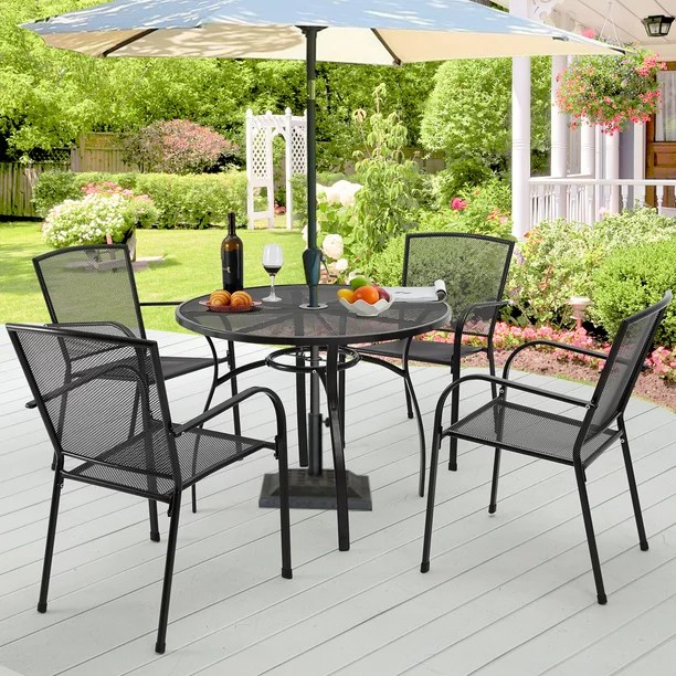 5-Piece Patio Metal Dining Set with Round Table 1.73"Umbrella Hole and 4 Stackable Arm Chairs-Dark Gray