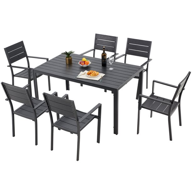 Aluminum 7 Piece Outdoor Furniture Patio Dining Set with Rectangular Table and 6 Chairs - Black