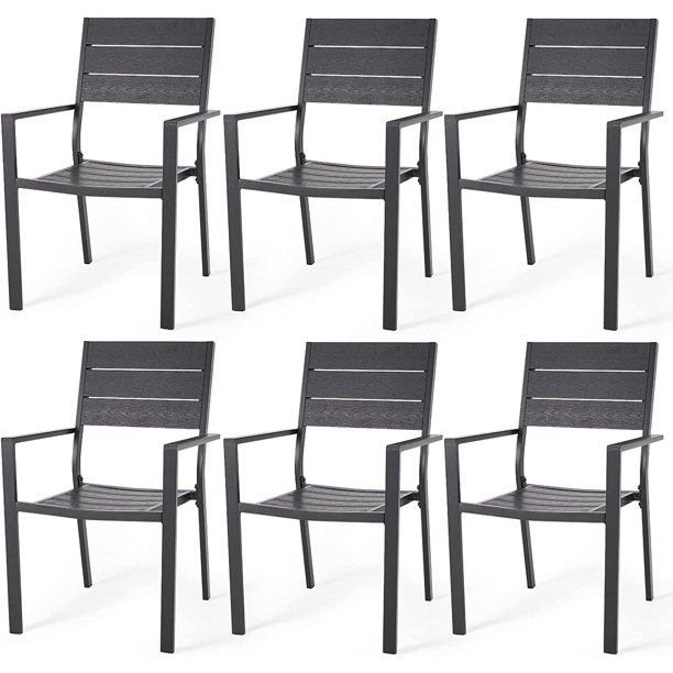 Outdoor Patio Dining Chairs, Stackable Arm Chairs-Aluminum Frame-Set of 6-Black