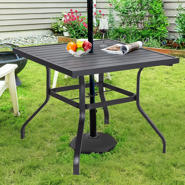 37" Square Outdoor Dining Table, Metal Patio Table with Umbrella Hole-Black