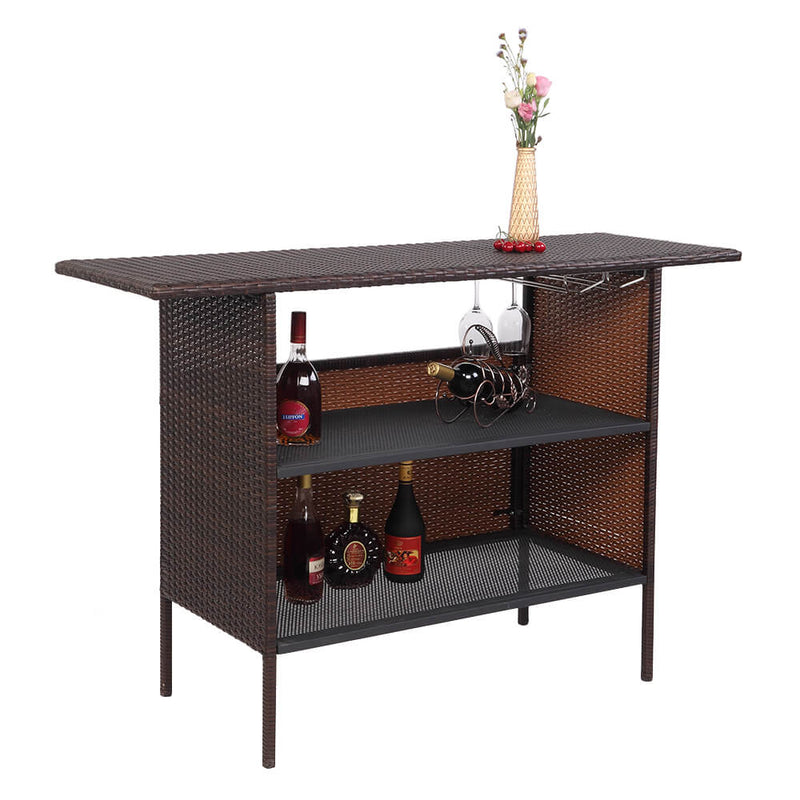 Long Rattan Bar Table Top Iron Mesh Compartment