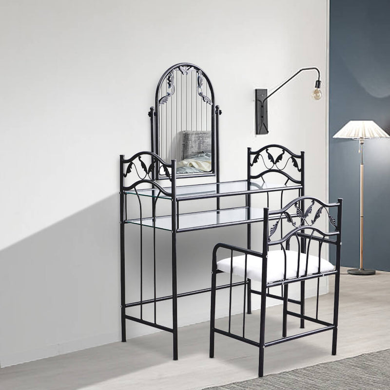 Retro Leaf Pattern Iron Dresser with Back Dressing Stool Bronze