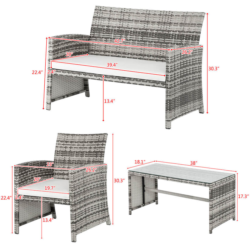 4 Pieces Gray Gradient Pattan Patio Dining Set Combination Sofa With Coffee Table