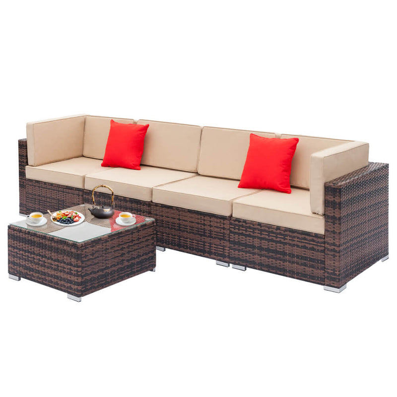 5 Pieces Rattan Sectional Sofa Set, Outdoor Furniture Sets, Brown Gradient