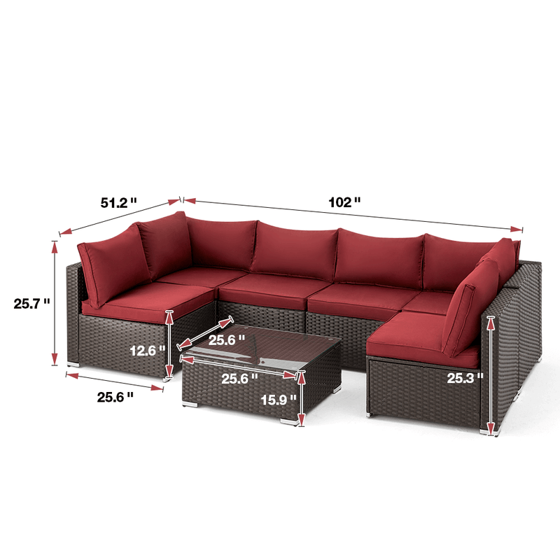 7 Pcs Patio Furniture Set All Weather Sectional Sofa w/ Red Cushion & Coffee Table