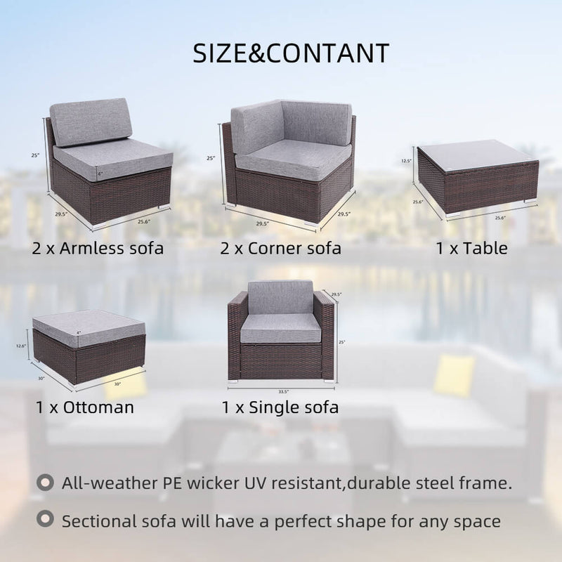 7 Pieces Outdoor Furniture Patio PE Wicker Rattan Sectional Sofa Set