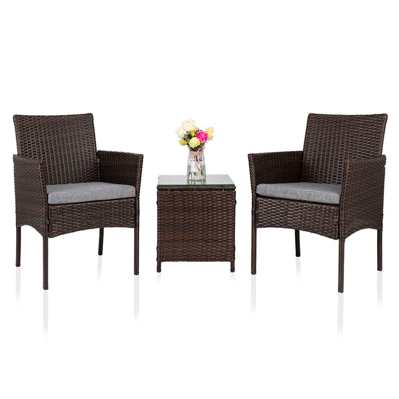 3 Pieces PE Rattan Wicker Chairs Set Cushion with Table Outdoor Garden Furniture Brown