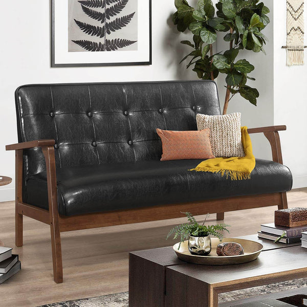 Mid-Century Loveseat Sofa Modern Wood 2-Seater PU Black