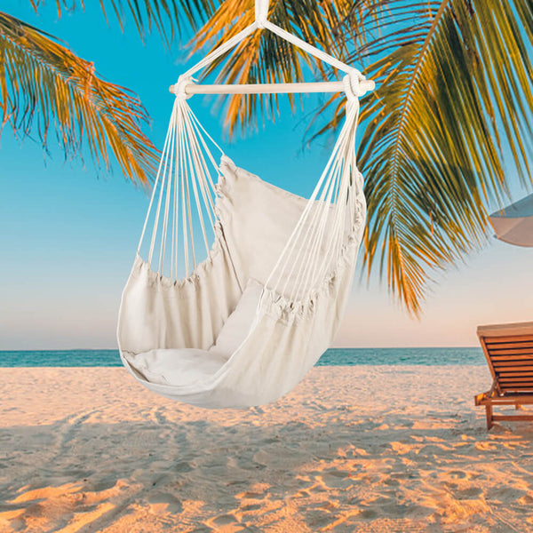 Hammock Swing, Hanging Rope Hammock Chair, Cotton Hanging Air Swing with Cushions for Porch Yard Tree Bedroom, Beige