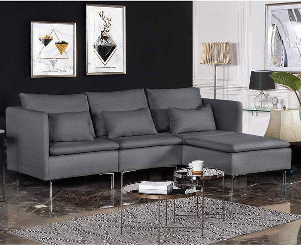 Convertible 3-Seat Sectional Sofa L-Shaped Couch Dark Gray