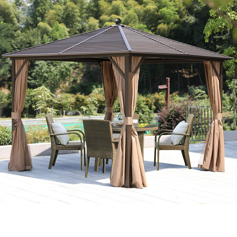 10 x 10ft Outdoor Galvanized Steel Hardtop Gazebo Canopy Aluminum Furniture Pergolas with Netting Curtains