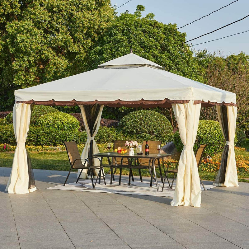10’ x 12’ Gazebo Canopy Double Roof Patio Gazebo Steel Frame with Netting and Shade Curtains, Cream