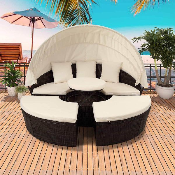 Patio Round Daybed Furniture Set with Retractable Canopy, Coffee Table & Cushions, Outdoor Wicker Rattan Sectional Sofa Set, Beige