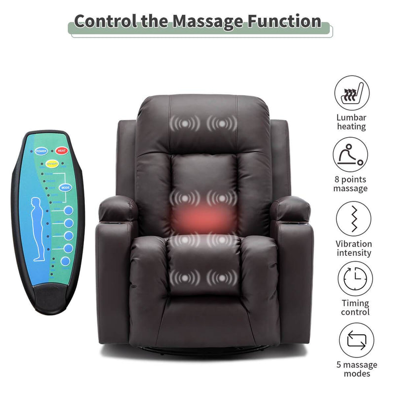 Massage Recliner Chair PU Leather Ergonomic Lounge Heated Chair 360 Degree Swivel Home Theater Recliner (Brown)