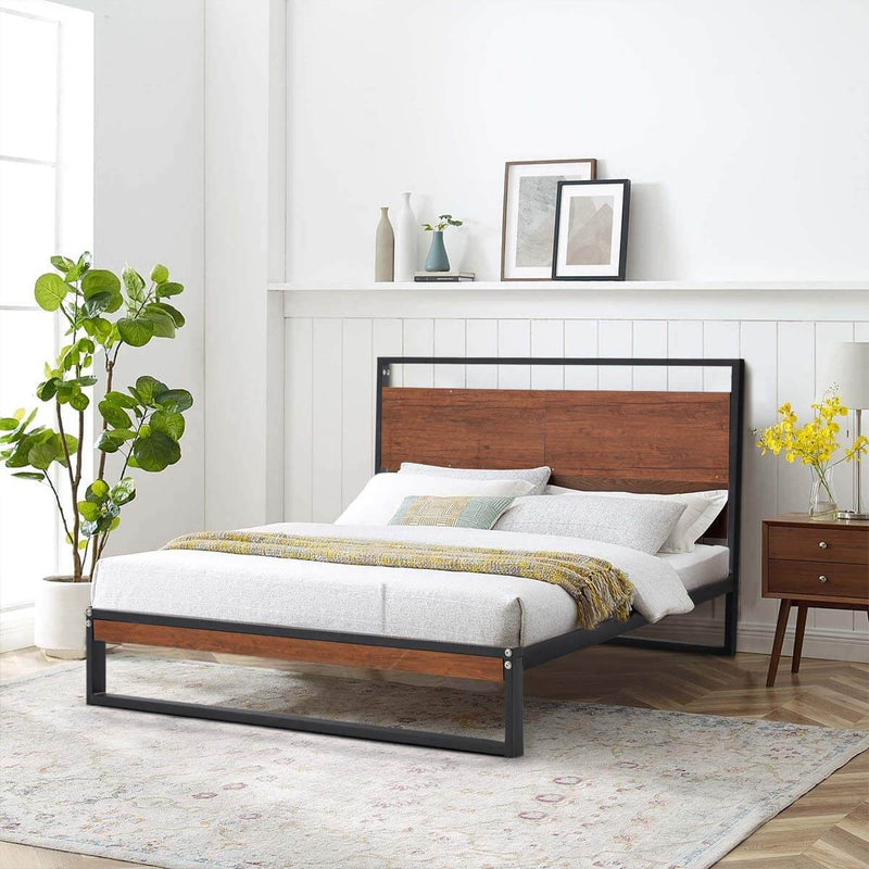 Queen Bed Frame with Wooden Headboard,Platform Metal Bed Frame with Footboard