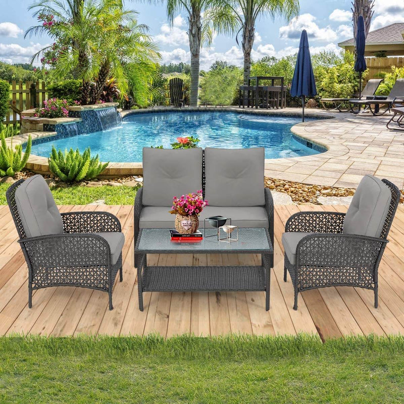 4 Pcs Outdoor Patio Furniture Sets Rattan Sofa Chair Wicker Set, Backyard Porch Balcony Furniture, Black