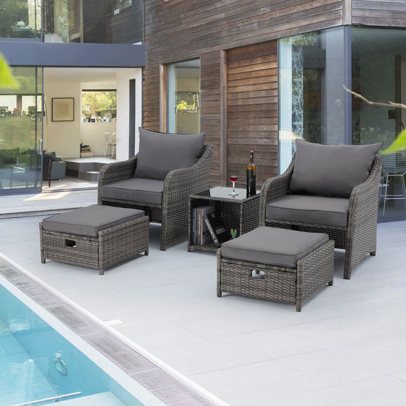 5 Pcs Patio Wicker Recliner Lounge Chair Set with 2 Ottomans, Grey Cushion & Coffee Table