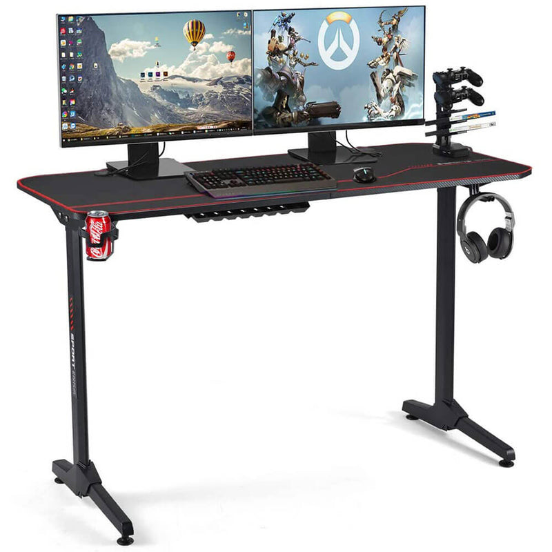 55inch Gaming Desk, T Shaped Computer Desk, Office Desk with Cup Holder & Headphone Hook,Professional Home Office Writing Desk with USB Gaming Handle Rack & Full Desk Mouse Pad