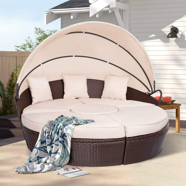 Outdoor Round Daybed with Retractable Canopy, Patio Round Chaise Lounge with Coffee Table & Cushions, Sectional Seating Sofa