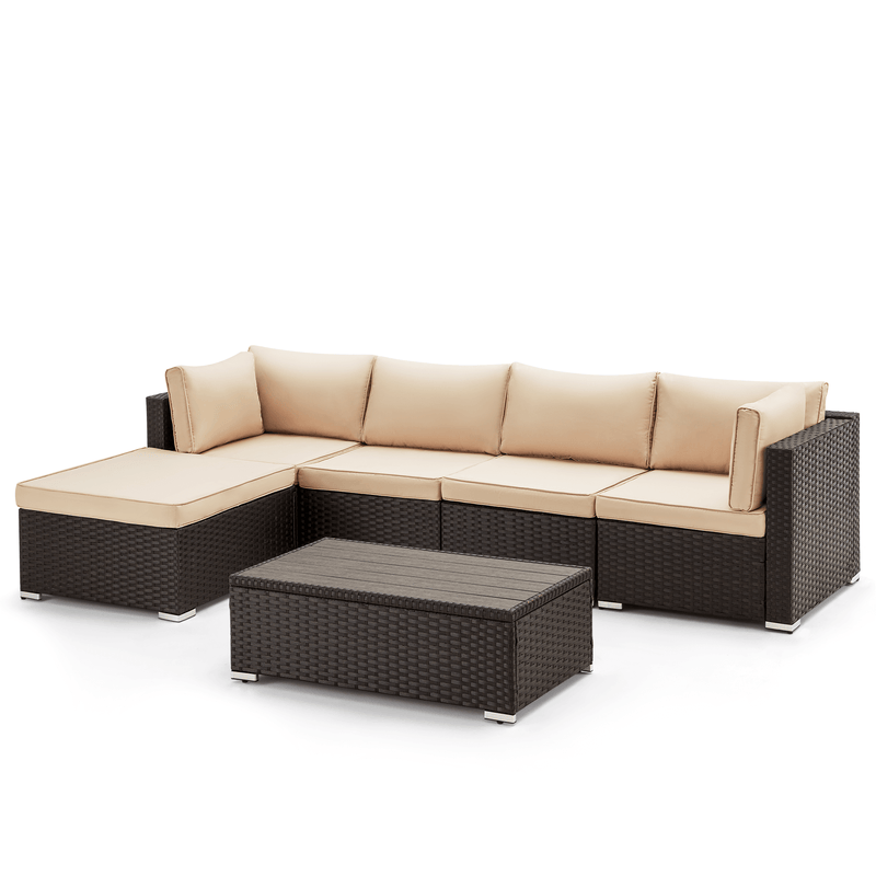 6 Pcs Outdoor Rattan Sectional Sofa All Weather Patio Furniture Set w/ Beige Cushion & Coffee Table