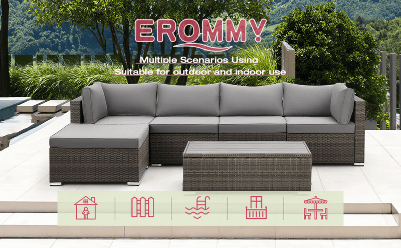 6 Pcs Outdoor Rattan Sectional Sofa All Weather Patio Furniture Set w/ Gray Cushion & Coffee Table