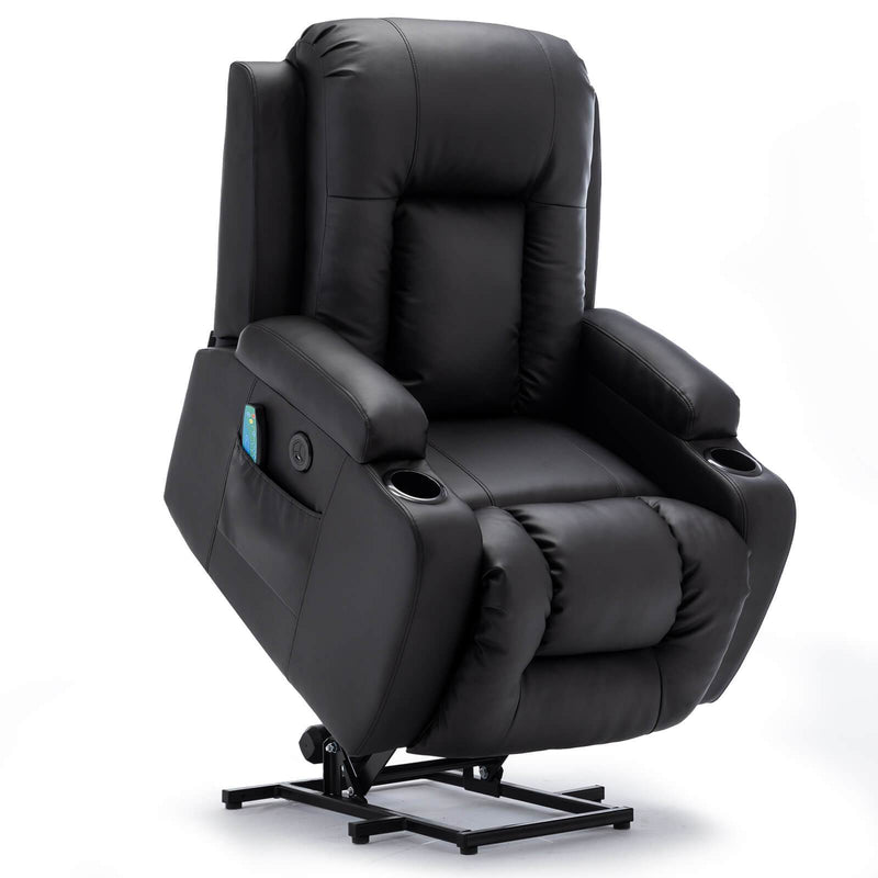 Power Lift Recliner Chair with Massage & Heat for Elderly, PU Leather Electric Recliner with 2 Side Pockets, Cup Holders & USB Port (Black)