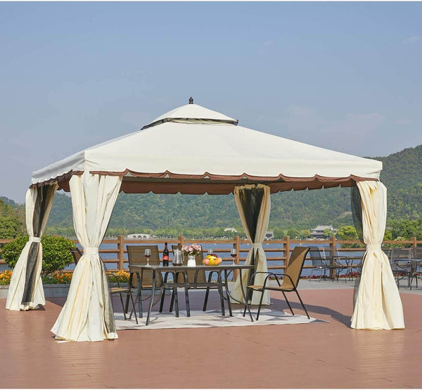 12’ x 12’ Canopy Gazebo Double Roof Patio Gazebo Steel Frame with Netting and Shade Curtains, Cream