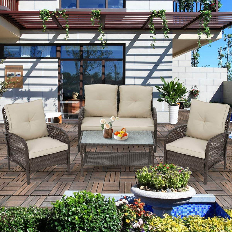 4 Pcs Outdoor Patio Furniture Sets Rattan Sofa Chair Wicker Set, Backyard Porch Balcony Furniture Sets, Brown