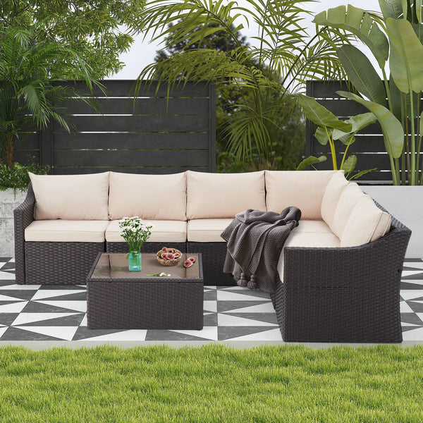 7 Pcs Outdoor Rattan Sectional Sofa All Weather Patio Furniture Set w/ Khaki Cushion & Coffee Table