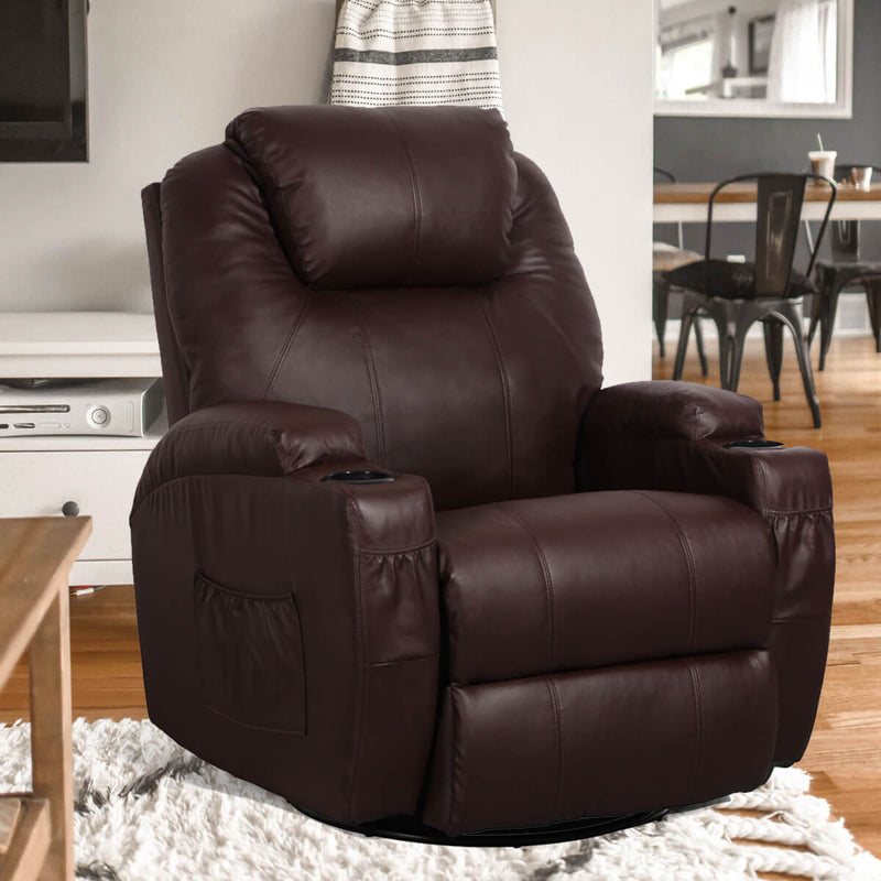 Massage Recliner Chair Heated PU Leather Ergonomic Lounge 360 Degree Swivel, Brown