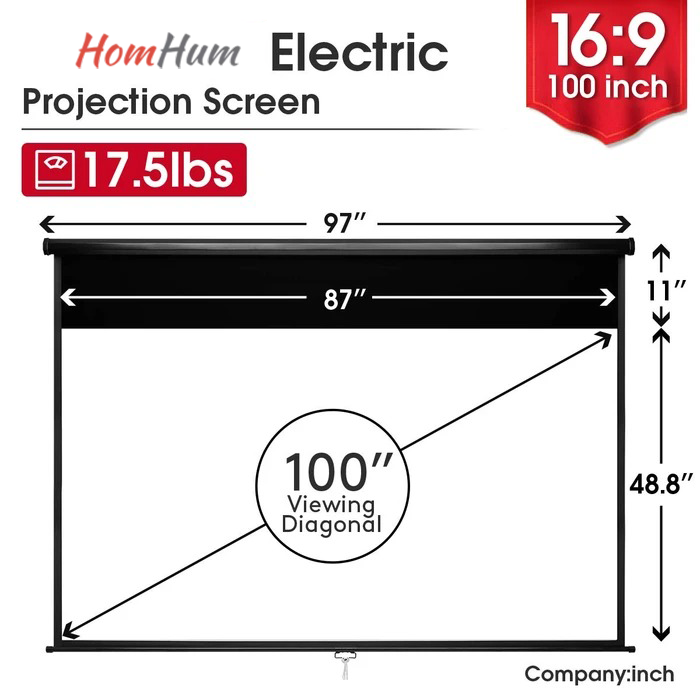 Homhum 1.2 Gain Projector Screen Manual Pull Down 100 inch 16:9 Projection Movies Screens 4K HD 1080P Wrinkle-Free for Home Theater School Office Indoor