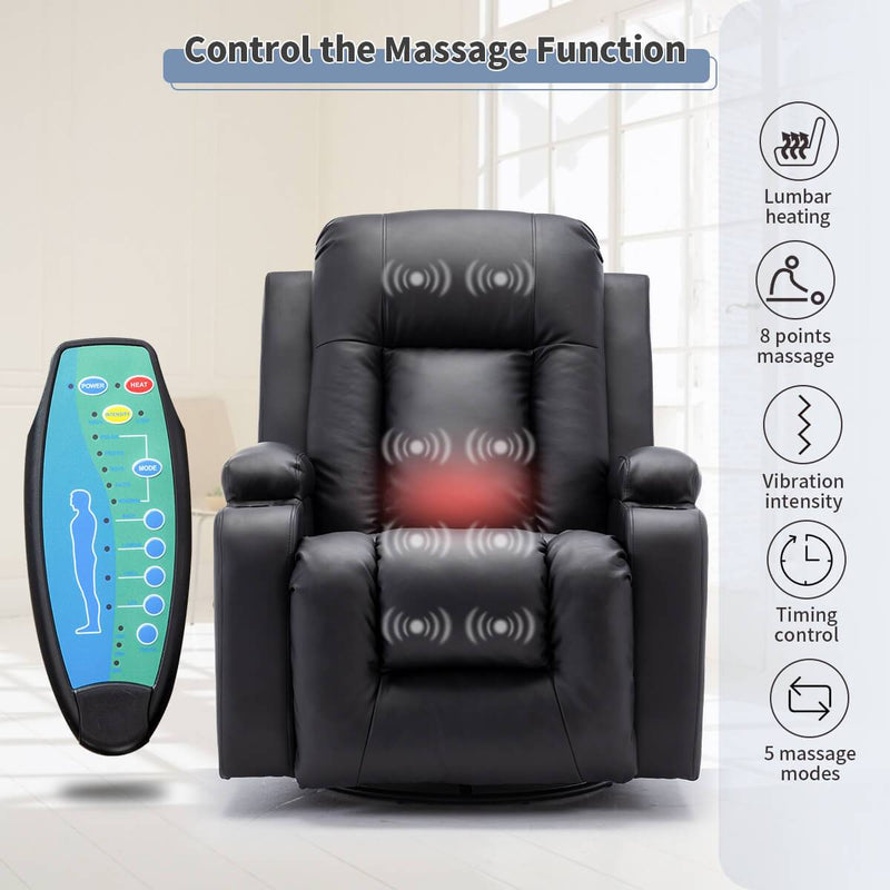 Massage Recliner Chair PU Leather Ergonomic Lounge Heated Chair 360 Degree Swivel Home Theater Recliner (Black)