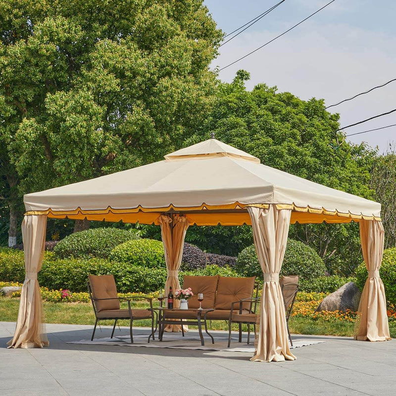 12’ x 12’ Canopy Gazebo Double Roof Patio Gazebo Steel Frame with Netting and Shade Curtains, Beige