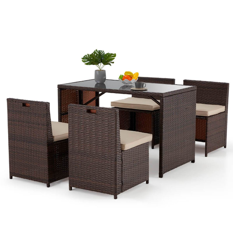 5 Pcs Outdoor Sectional Dining Set Rattan Table & Chairs w/ Seat Cushion, Glass Tabletop